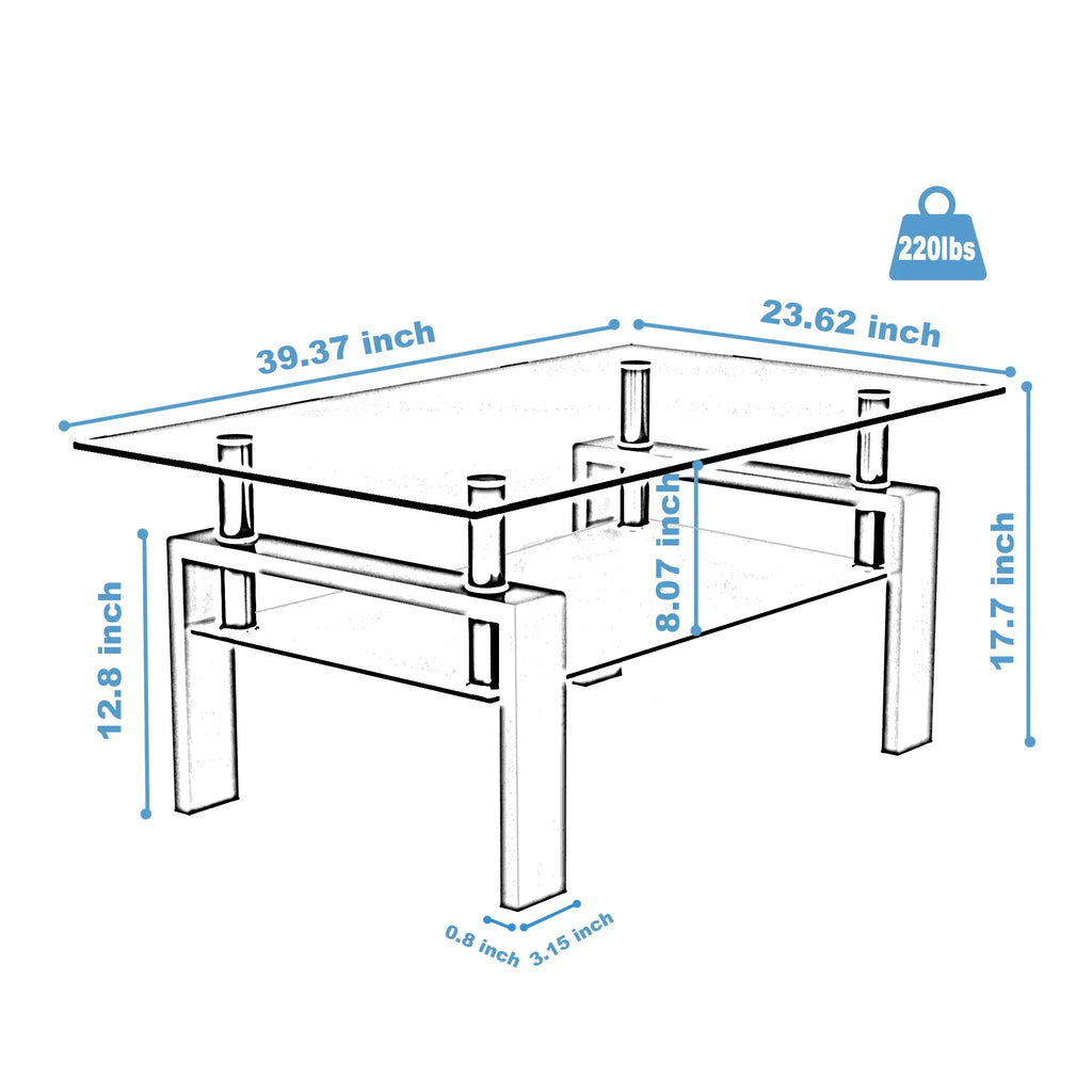 Dimensions diagram for eprolo modern white and clear glass coffee table.