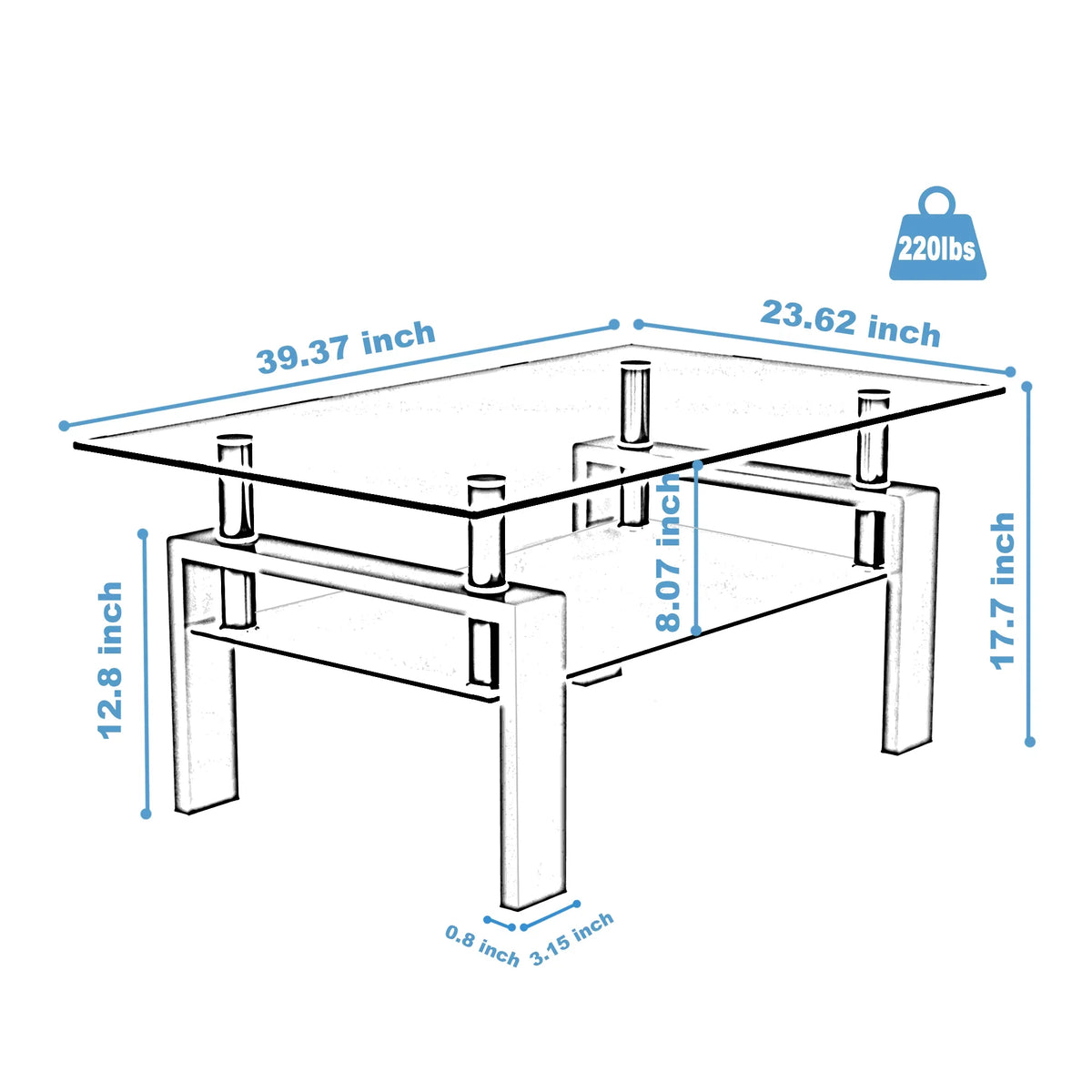 Dimensions diagram for eprolo modern white and clear glass coffee table.