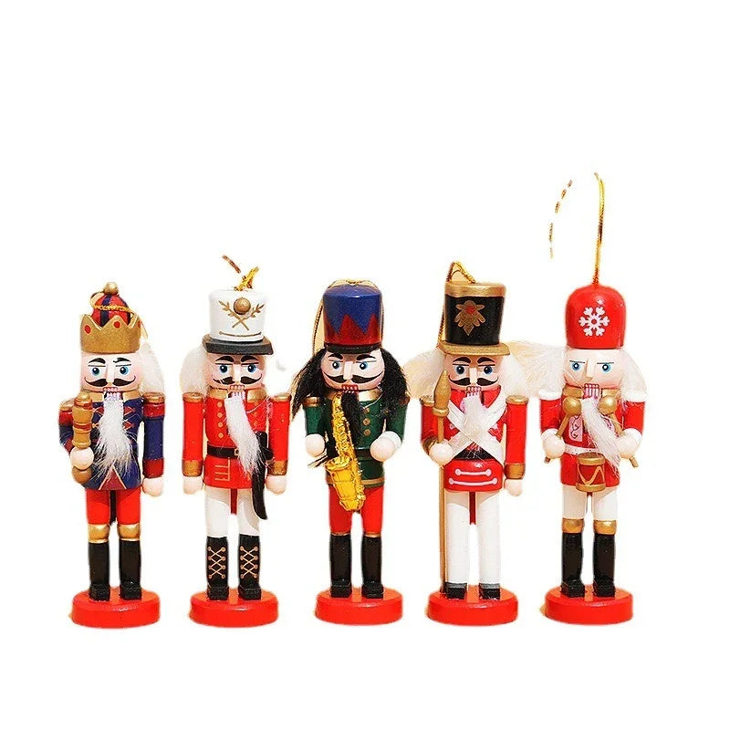 Set of five 12cm wooden eprolo Christmas nutcracker doll pendants in festive colors.