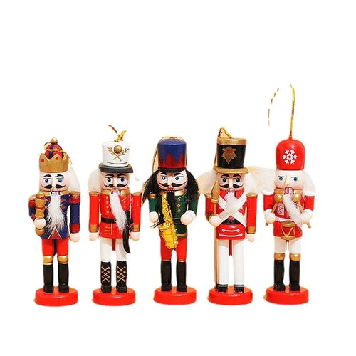 Set of five 12cm wooden eprolo Christmas nutcracker doll pendants in festive colors.