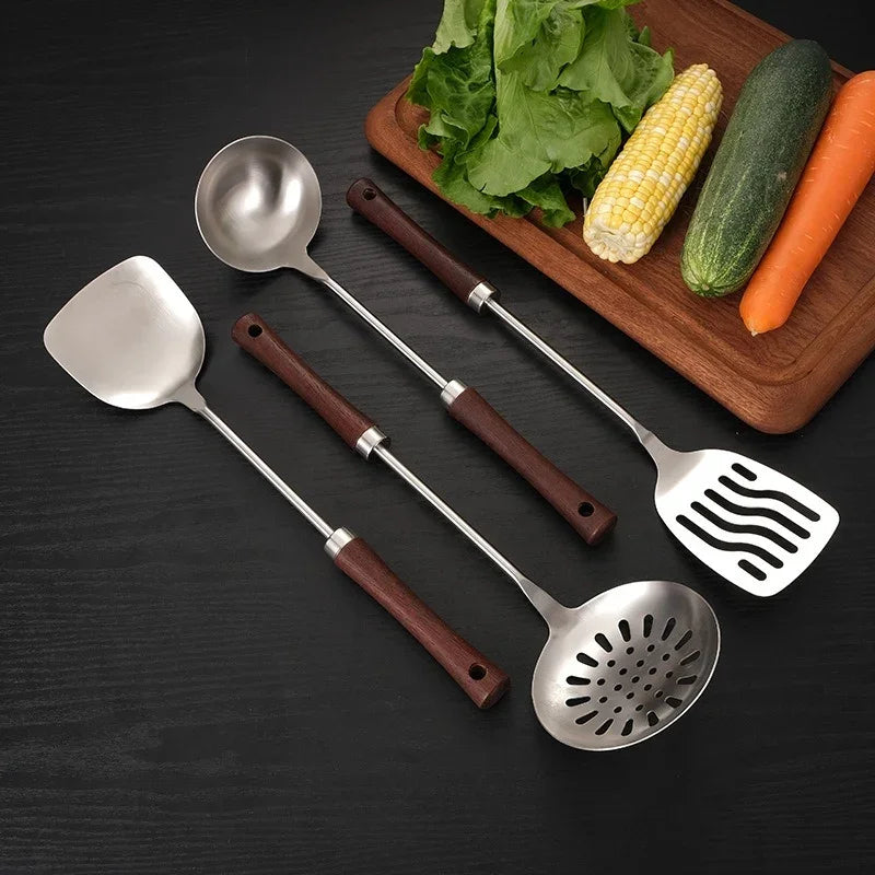 eprolo 304 stainless steel kitchen utensil set with wooden handles on a dark background
