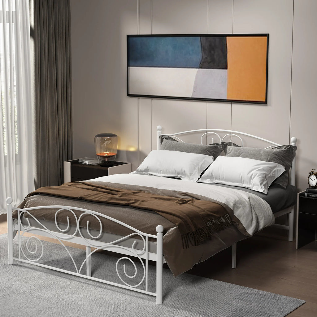 Modern white metal full bed frame by eprolo with decorative scrolls and brown bedding.