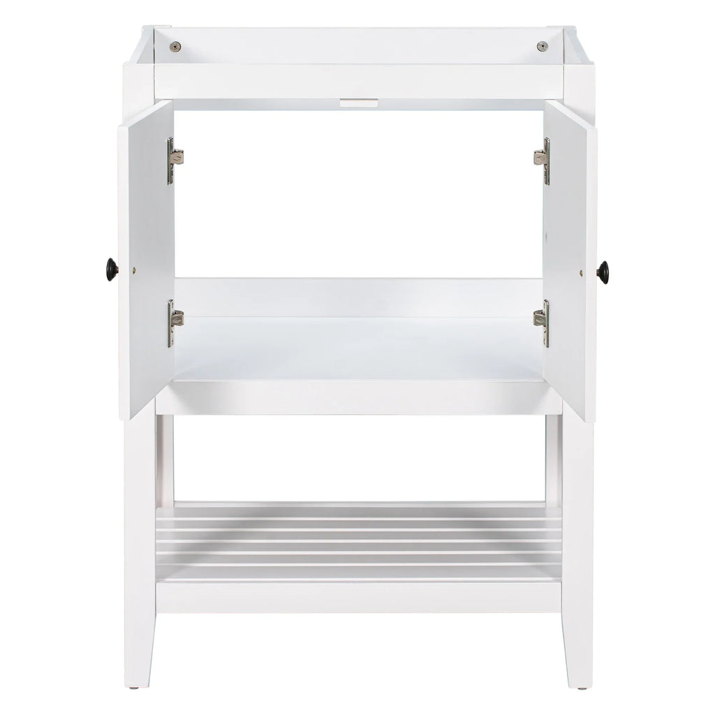 White eprolo 24 inch solid wood bathroom vanity base with open shelf and storage doors