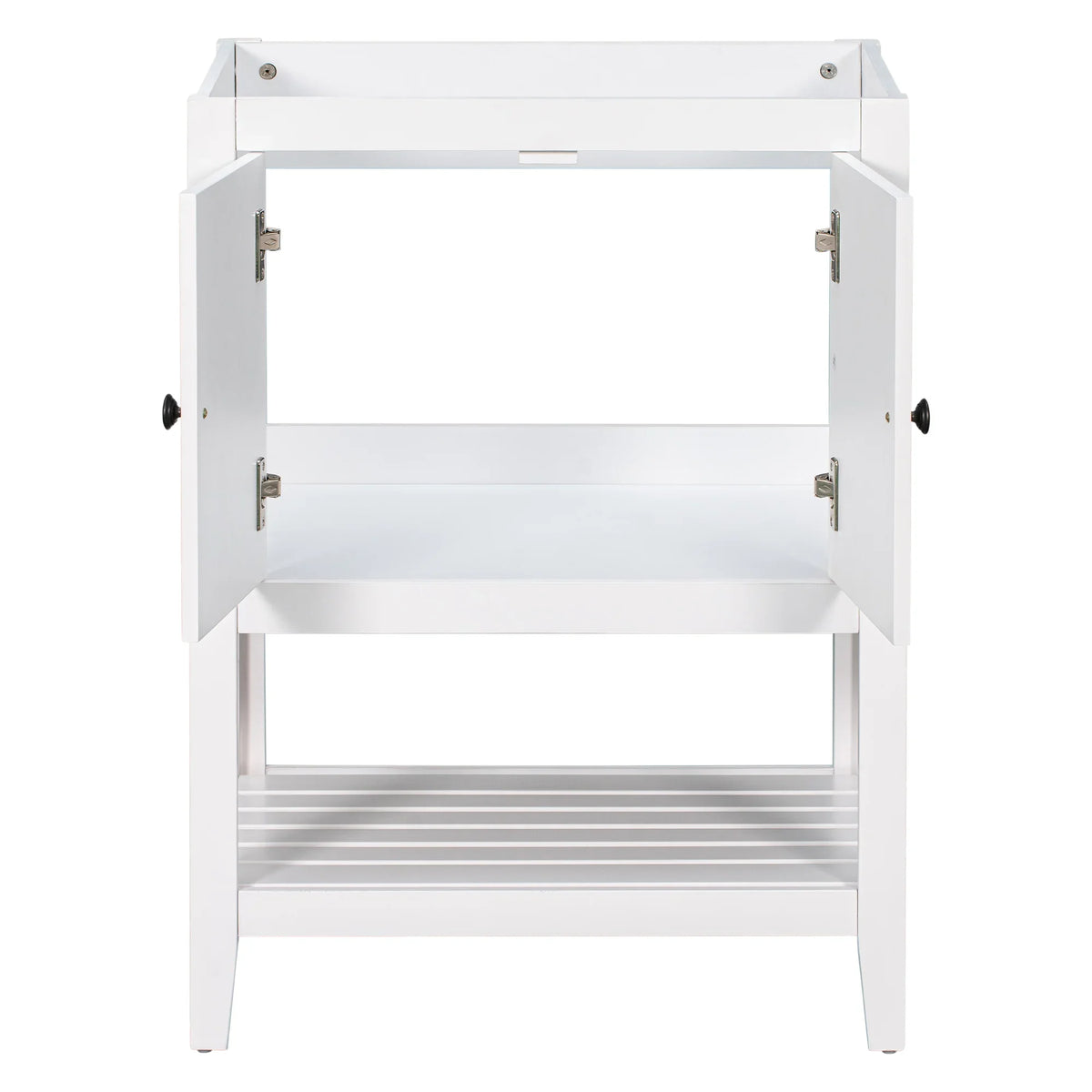White eprolo 24 inch solid wood bathroom vanity base with open shelf and storage doors