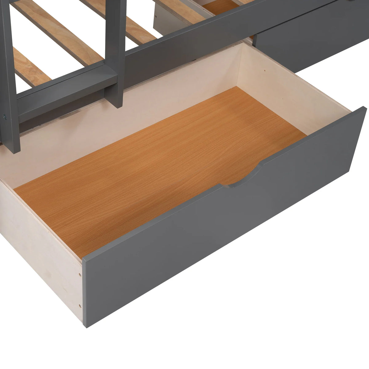 Close-up of a gray eprolo bunk bed storage drawer with a light wood interior.