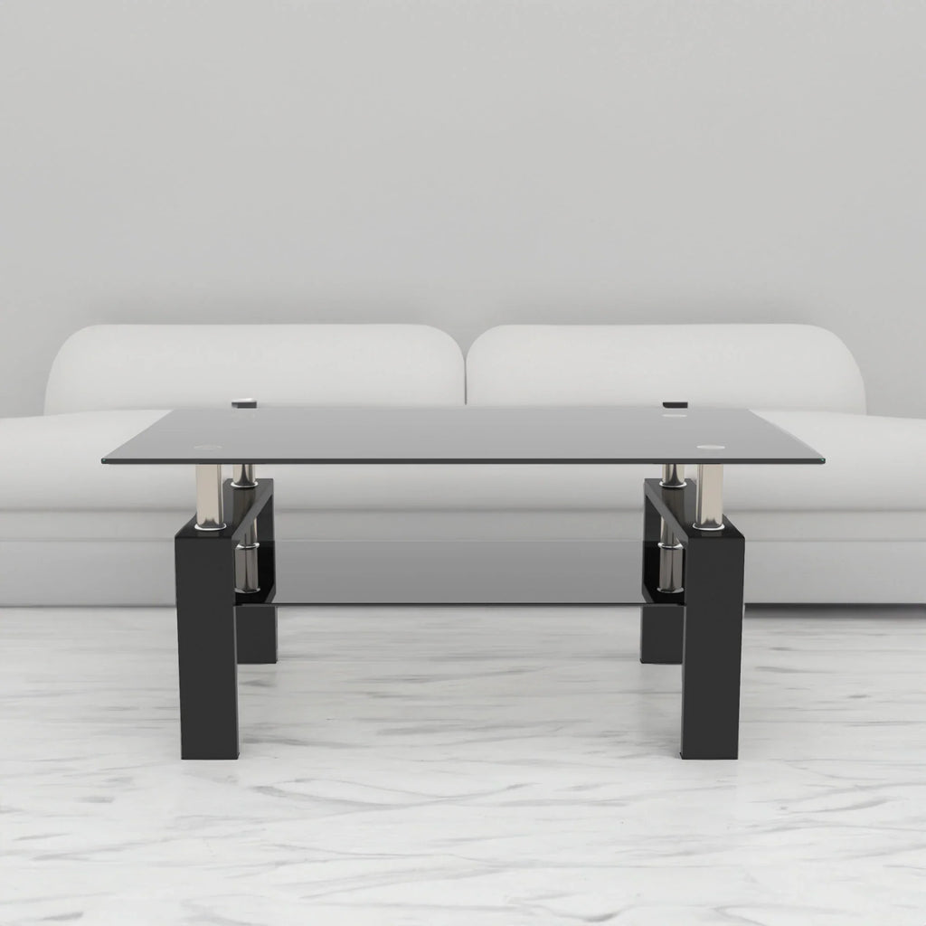 Modern eprolo rectangle black glass coffee table in a minimalist living room setting.