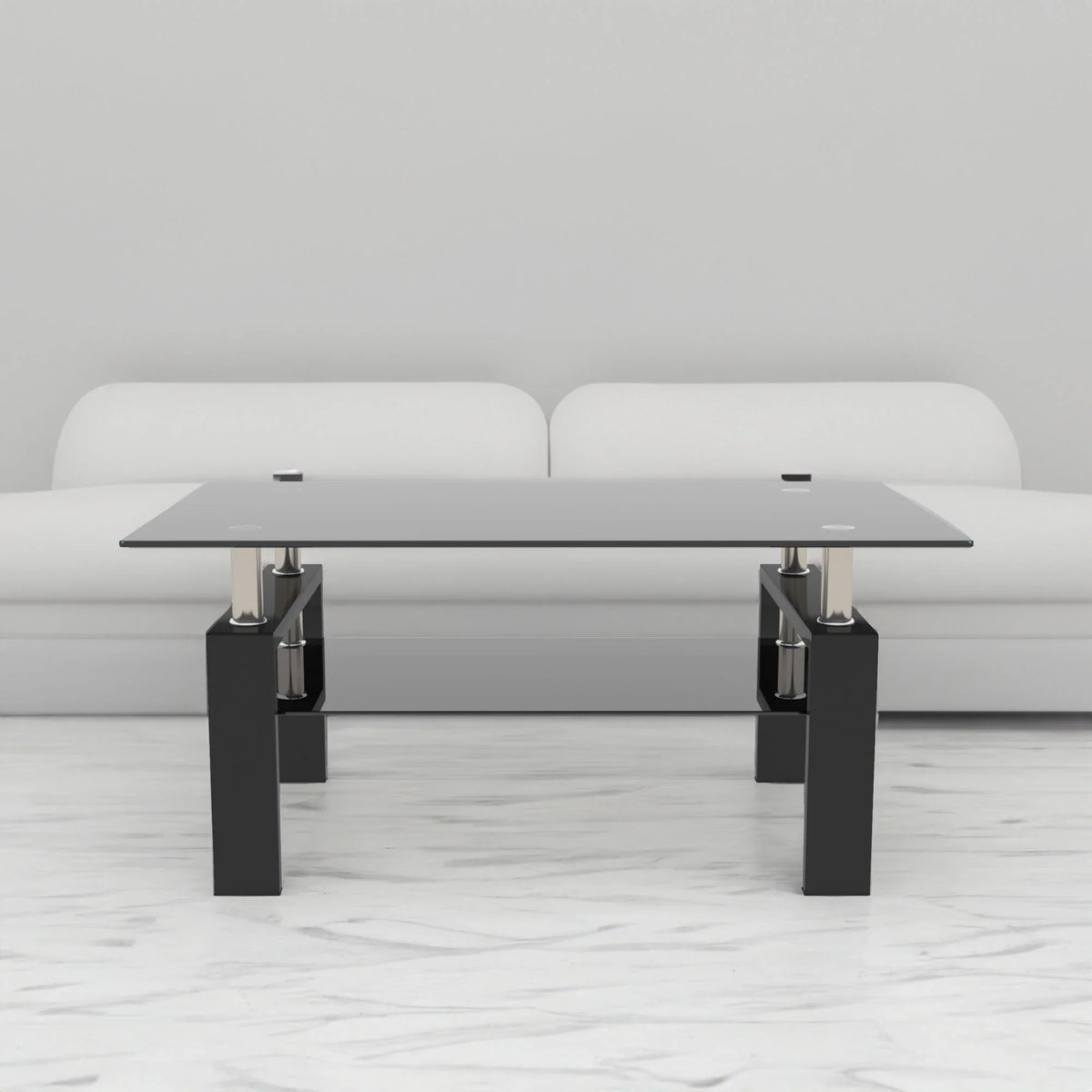Modern eprolo rectangle black glass coffee table in a minimalist living room setting.