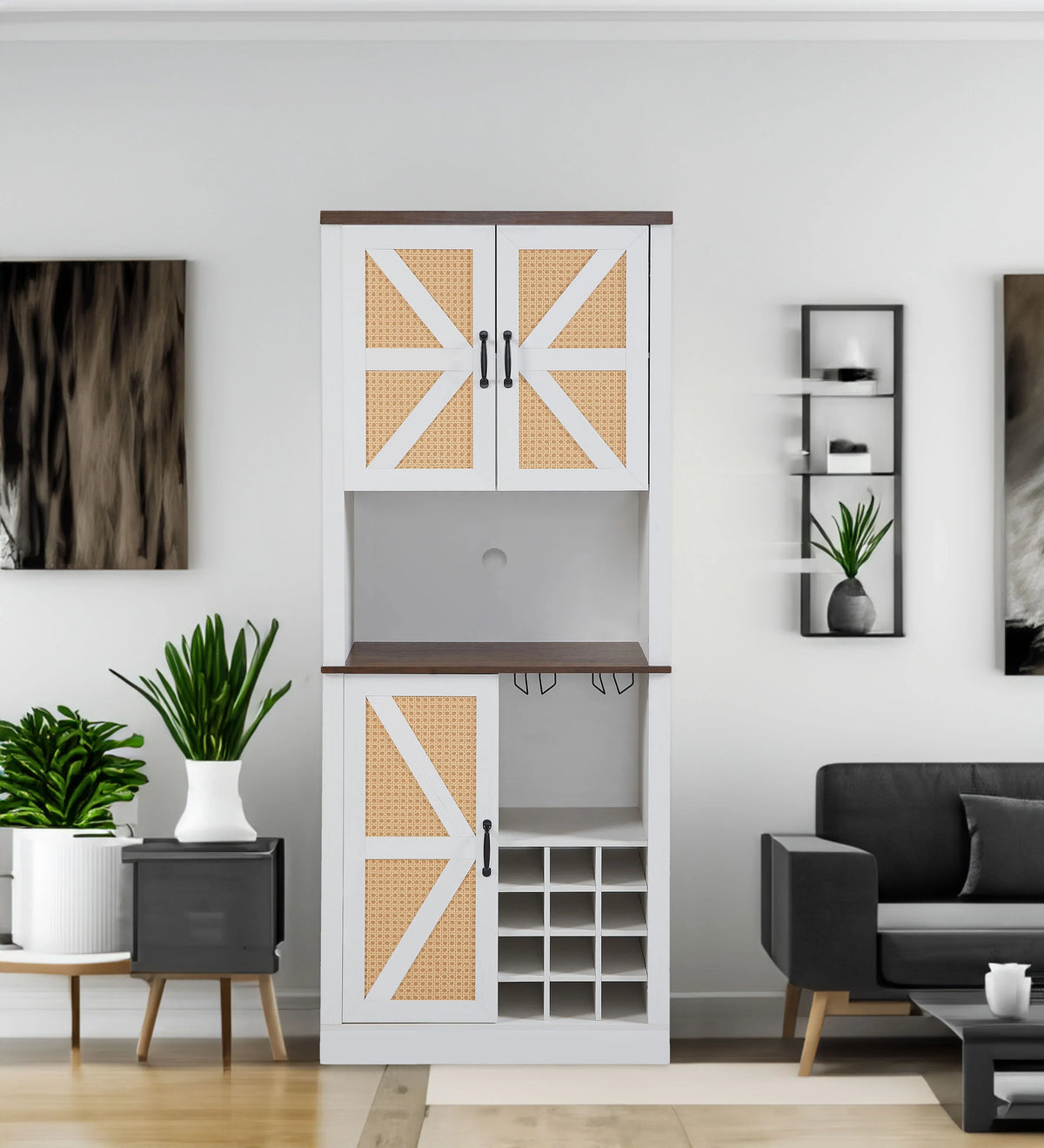 Eprolo farmhouse faux rattan wine and bar cabinet with shelves in a modern living room.