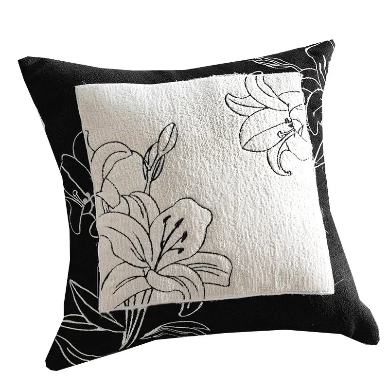 eprolo living room sofa pillow cover in black and white with floral embroidery