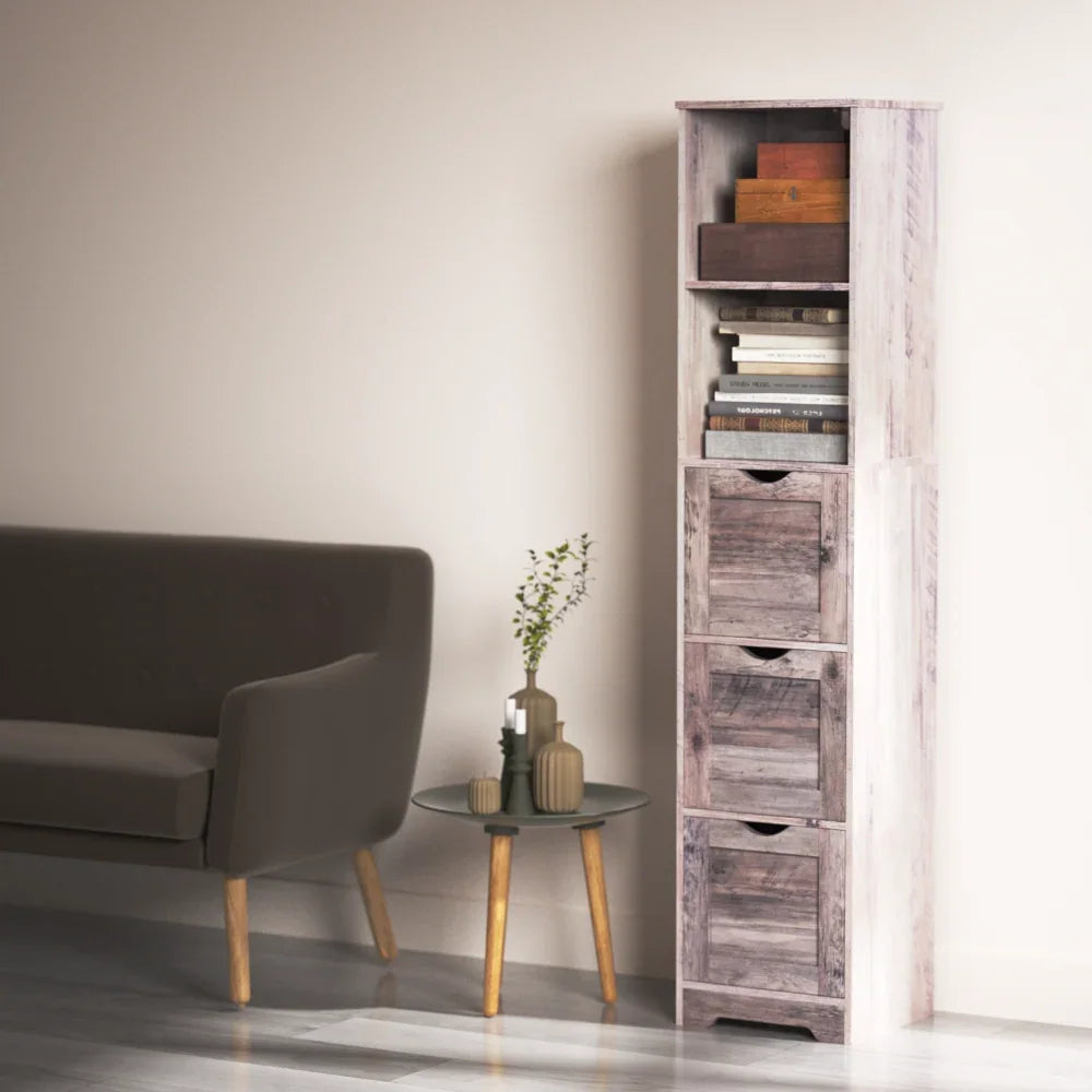 Tall narrow grey eprolo storage cabinet with 3 drawers and 2 shelves in a modern living room.