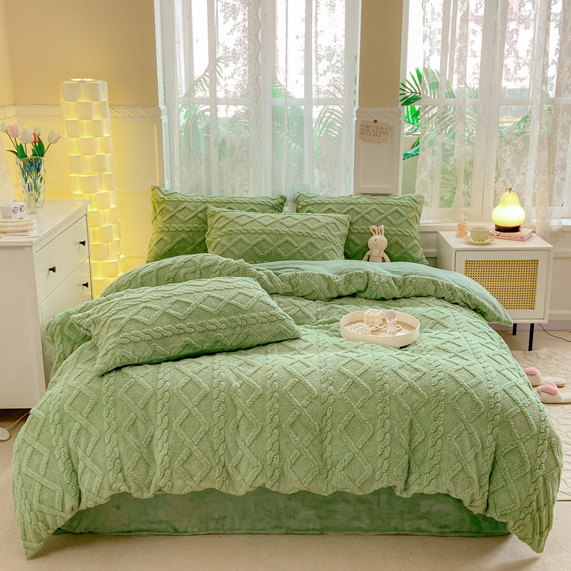 Winter Flannel 4-Piece Bedding Set, Thick Warm Milk Velvet Coral Fleece Duvet Cover, Student Dormitory