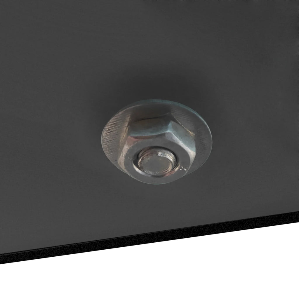 Close-up of a silver metal bolt securing the black frame of an eprolo coffee table.