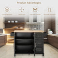 Mobile kitchen island with extensible rubber wood countertop and black storage cabinets.