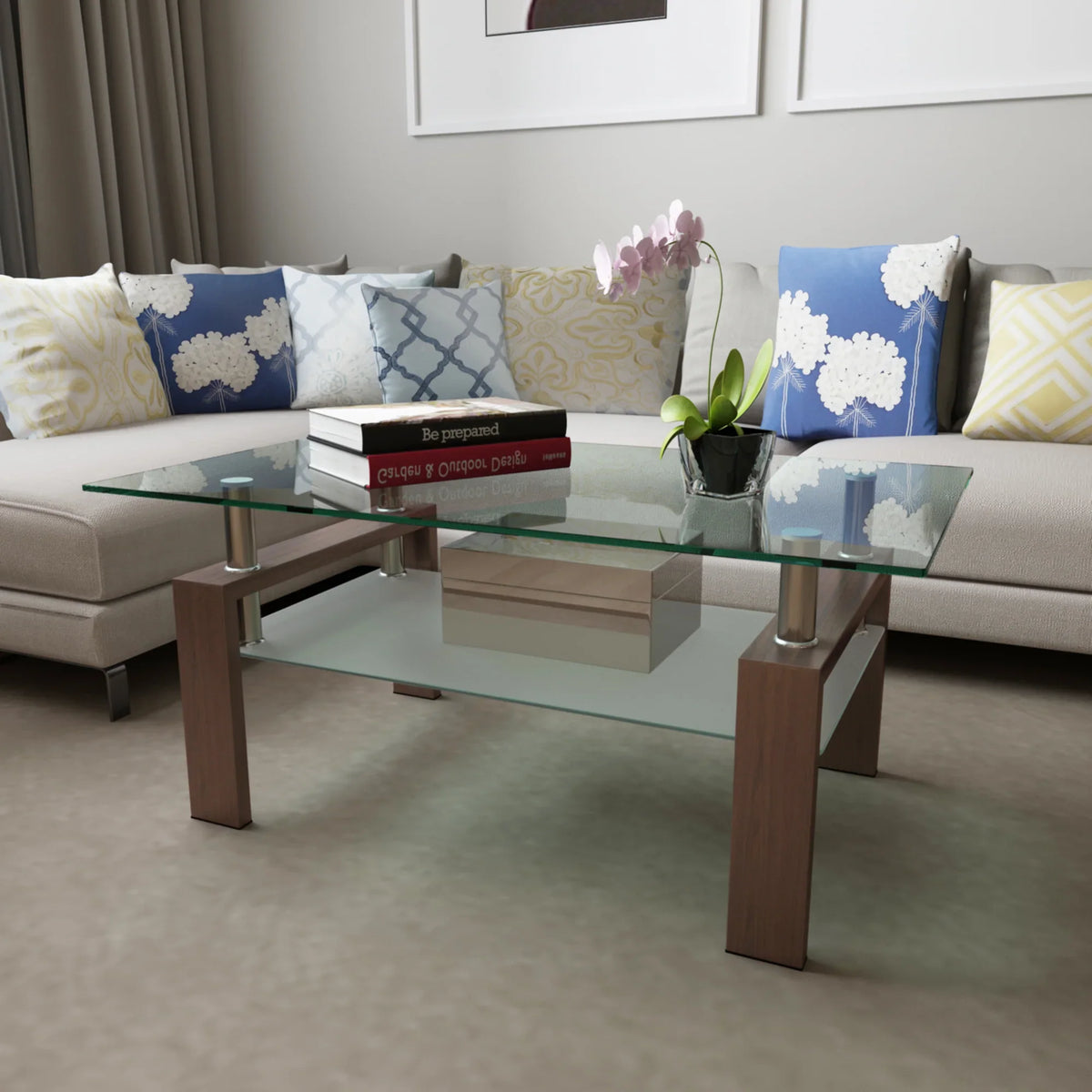 Modern rectangle walnut glass coffee table with clear glass top in a living room setting.