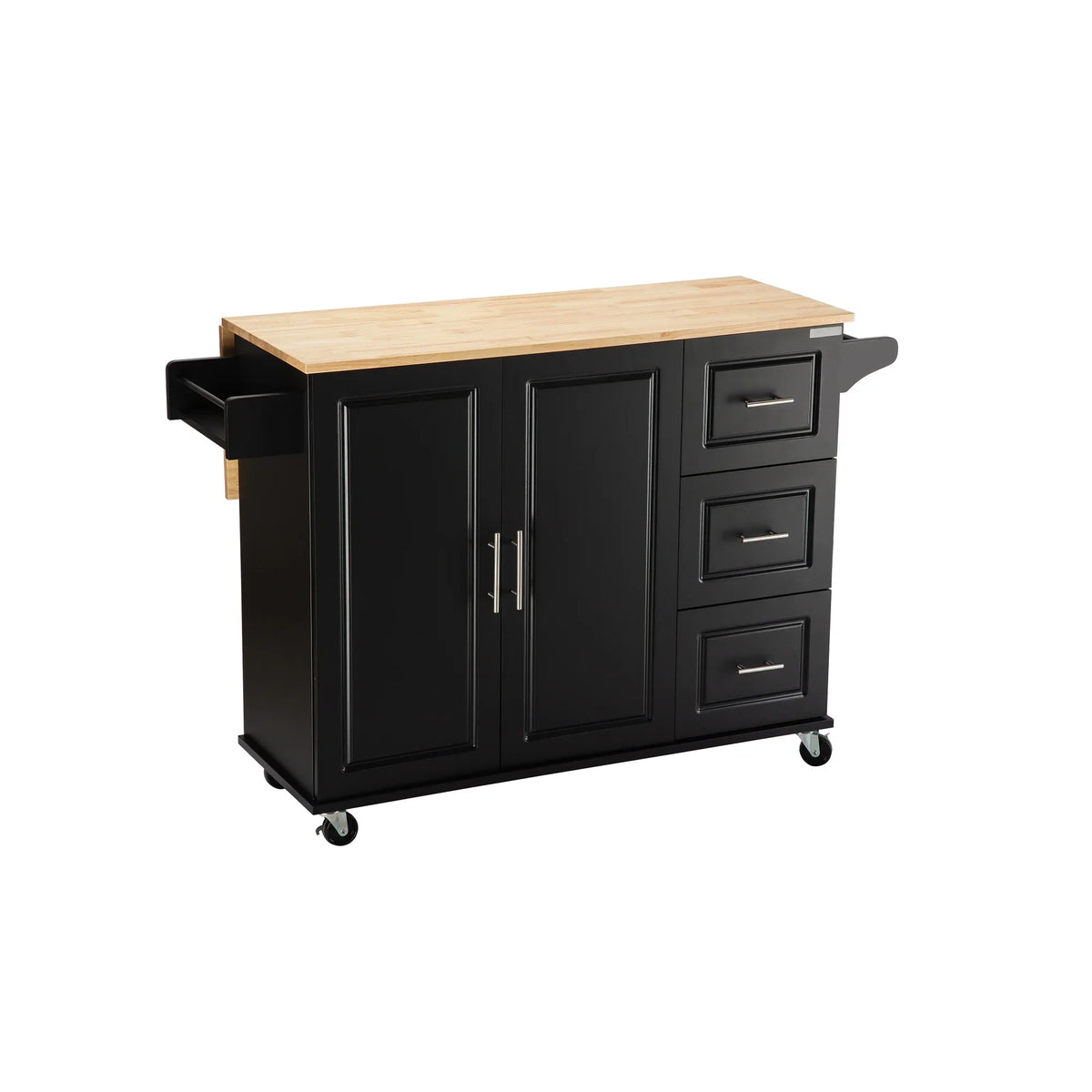 eprolo Mobile Kitchen Island with extensible rubber wood countertop and black cabinets