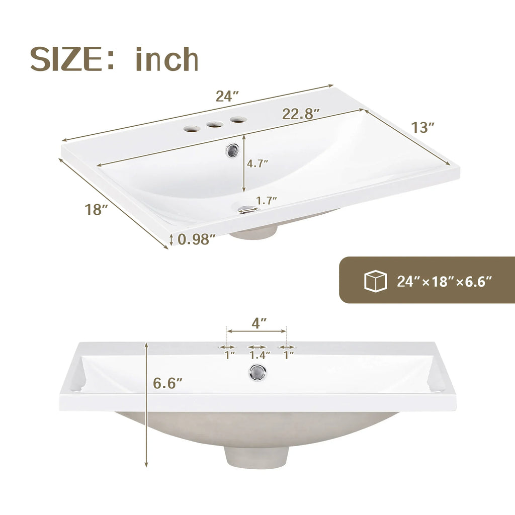 Dimensions of the eprolo 24 inch white bathroom vanity sink with gold metal frame.