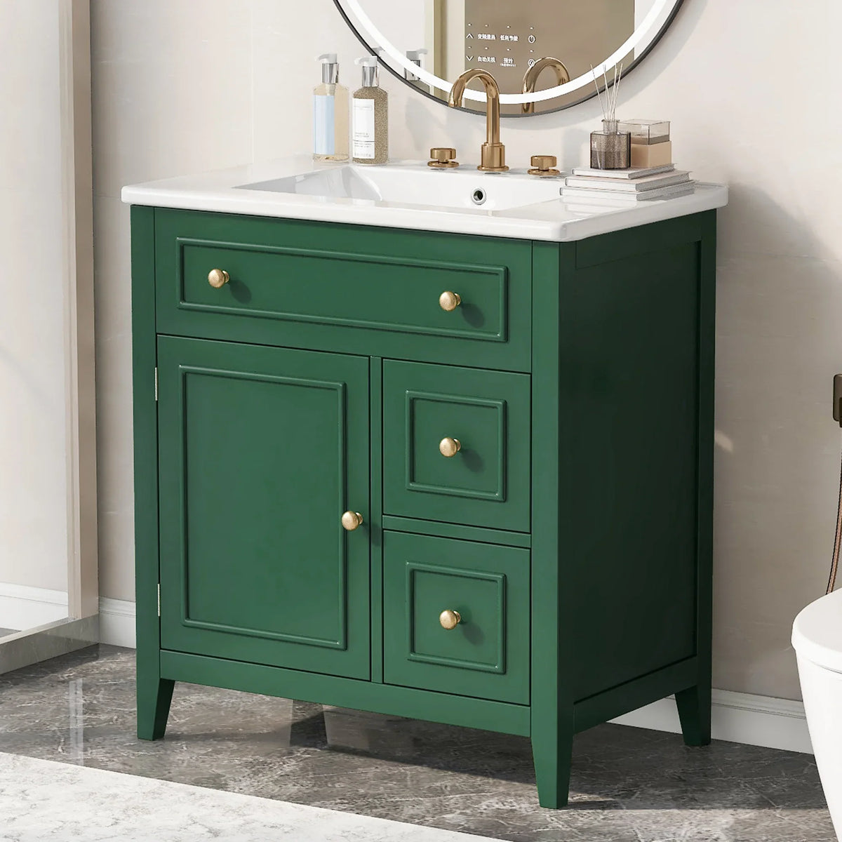 eprolo 30 inch green bathroom vanity with white sink top, solid wood frame, and gold hardware
