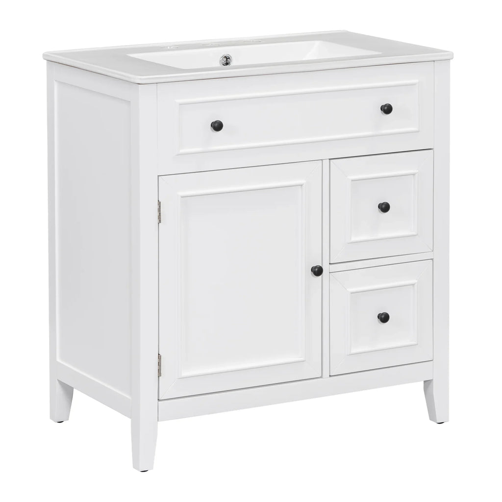 White 30 inch eprolo bathroom vanity with sink top, cabinet door, and two drawers.