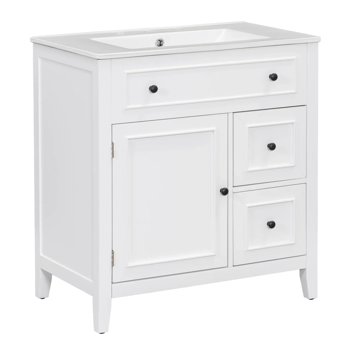 White 30 inch eprolo bathroom vanity with sink top, cabinet door, and two drawers.