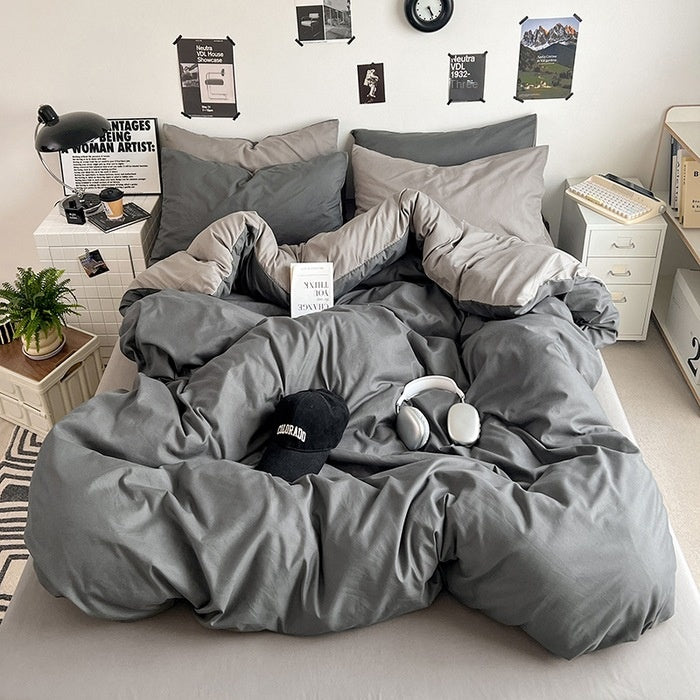 Washed Cotton Solid Color Double Spliced Four-Piece Bedding Set