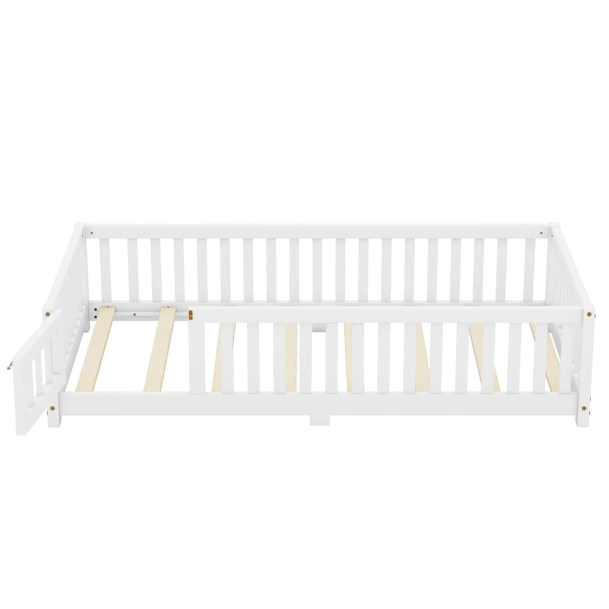 White eprolo twin size kids floor bed with safety guardrails and an open side door