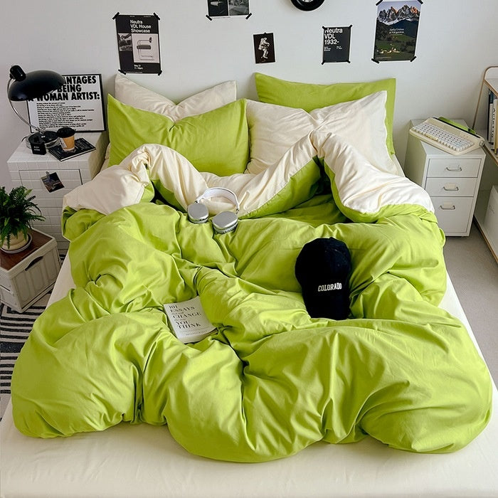 Washed Cotton Solid Color Double Spliced Four-Piece Bedding Set