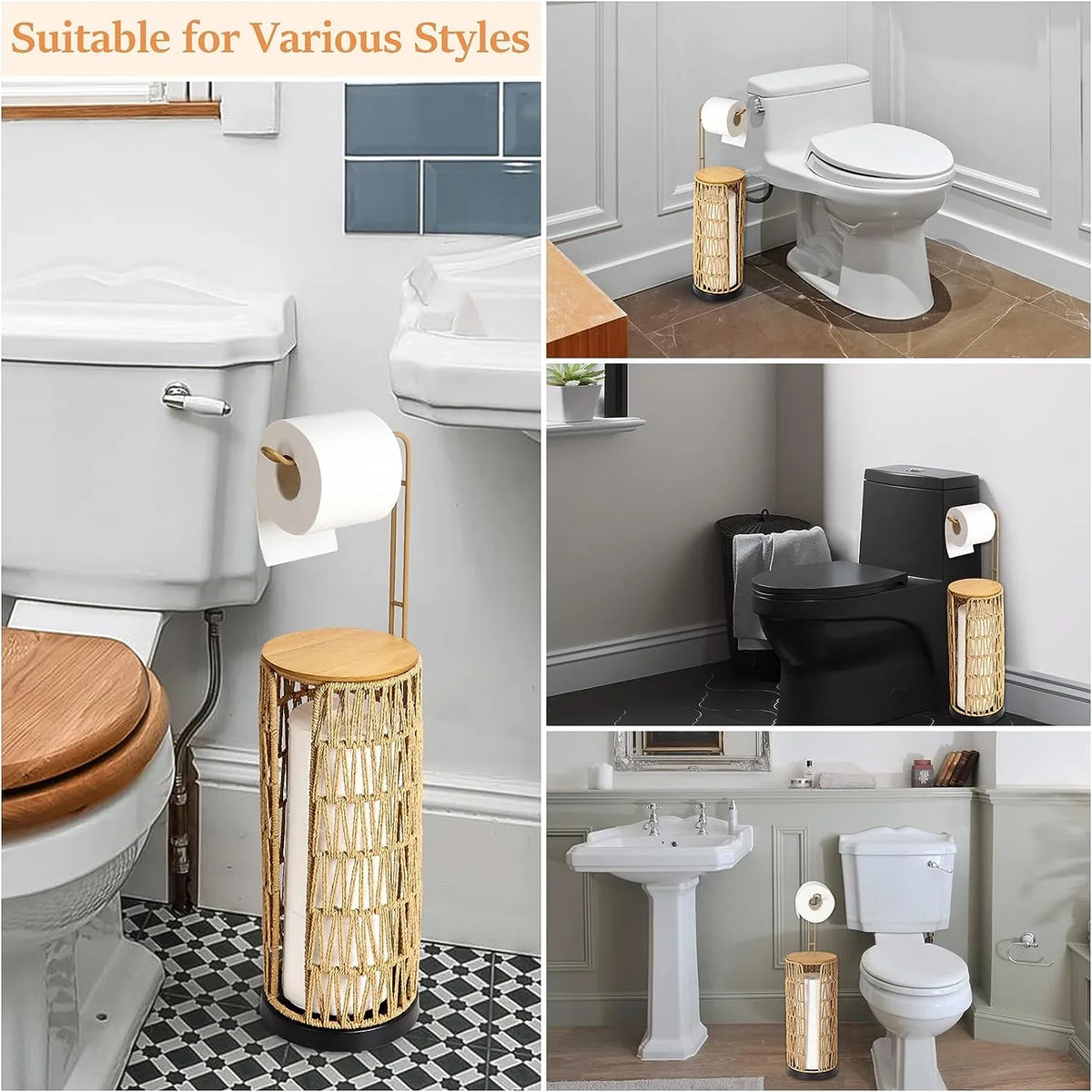 Handmade woven freestanding toilet paper holder by eprolo in various bathroom settings.