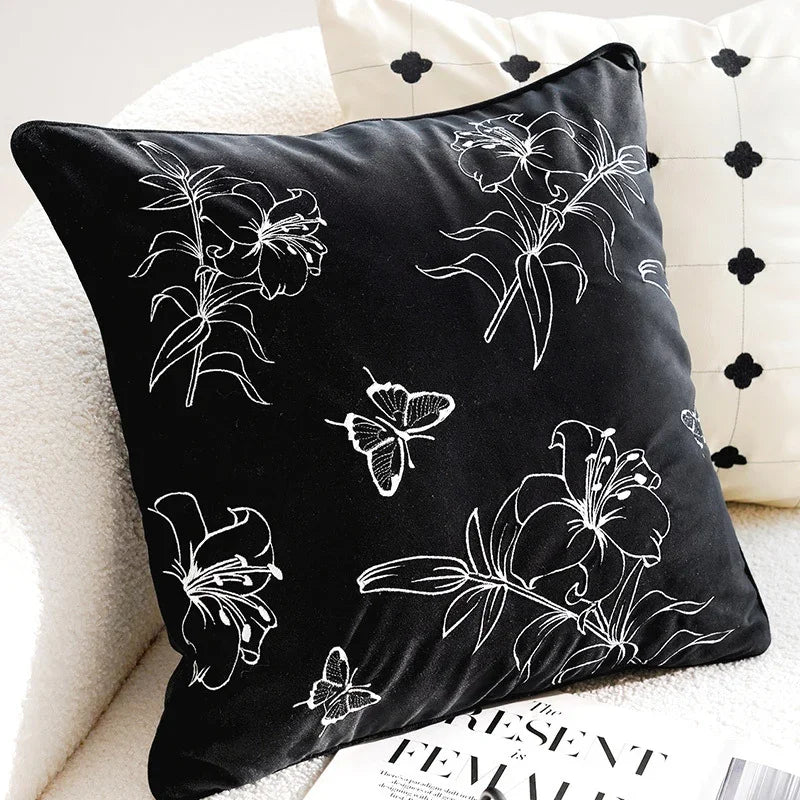 Black eprolo living room sofa pillow cover with white floral and butterfly line art patterns