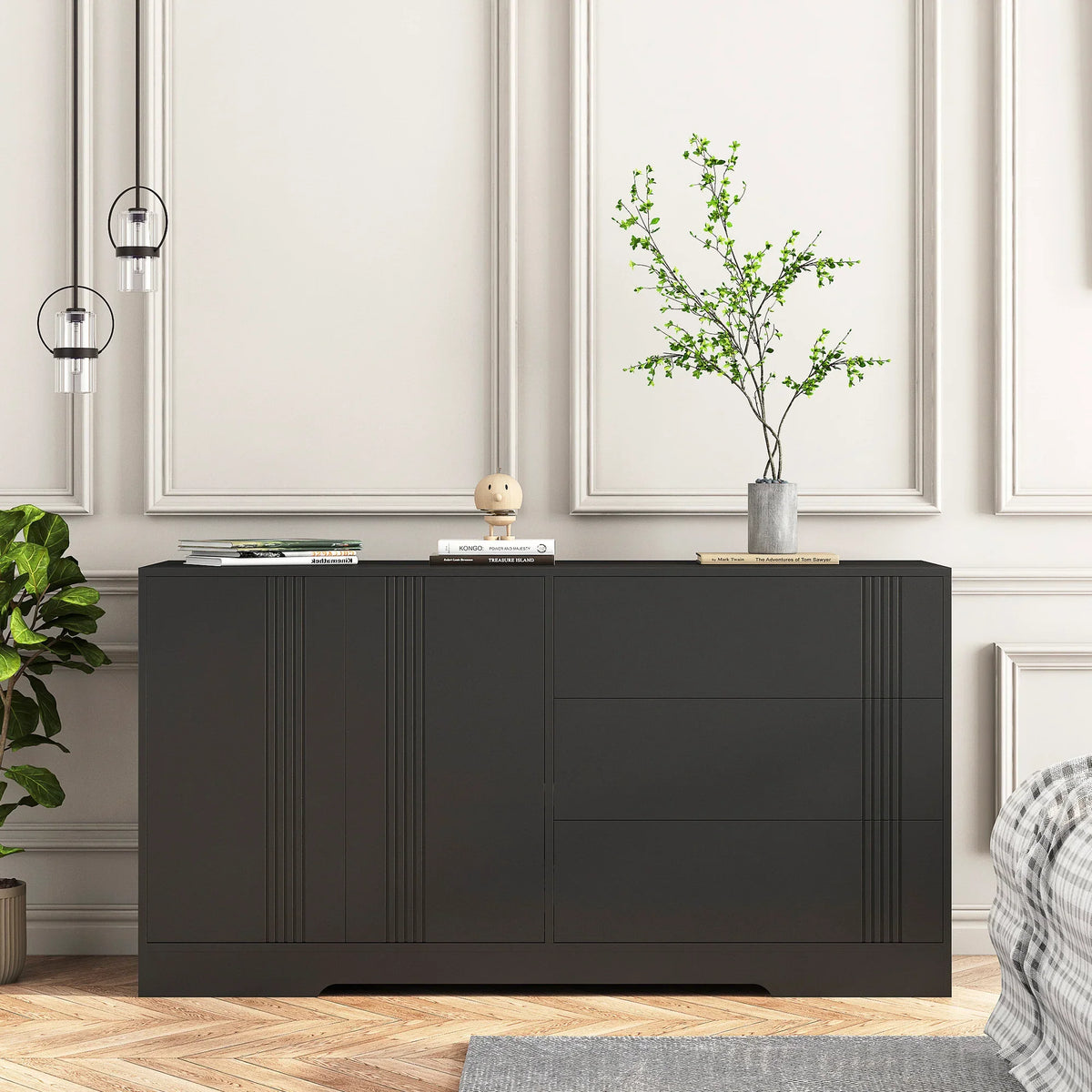 Modern black eprolo kitchen buffet sideboard with storage drawers and doors in a minimalist room