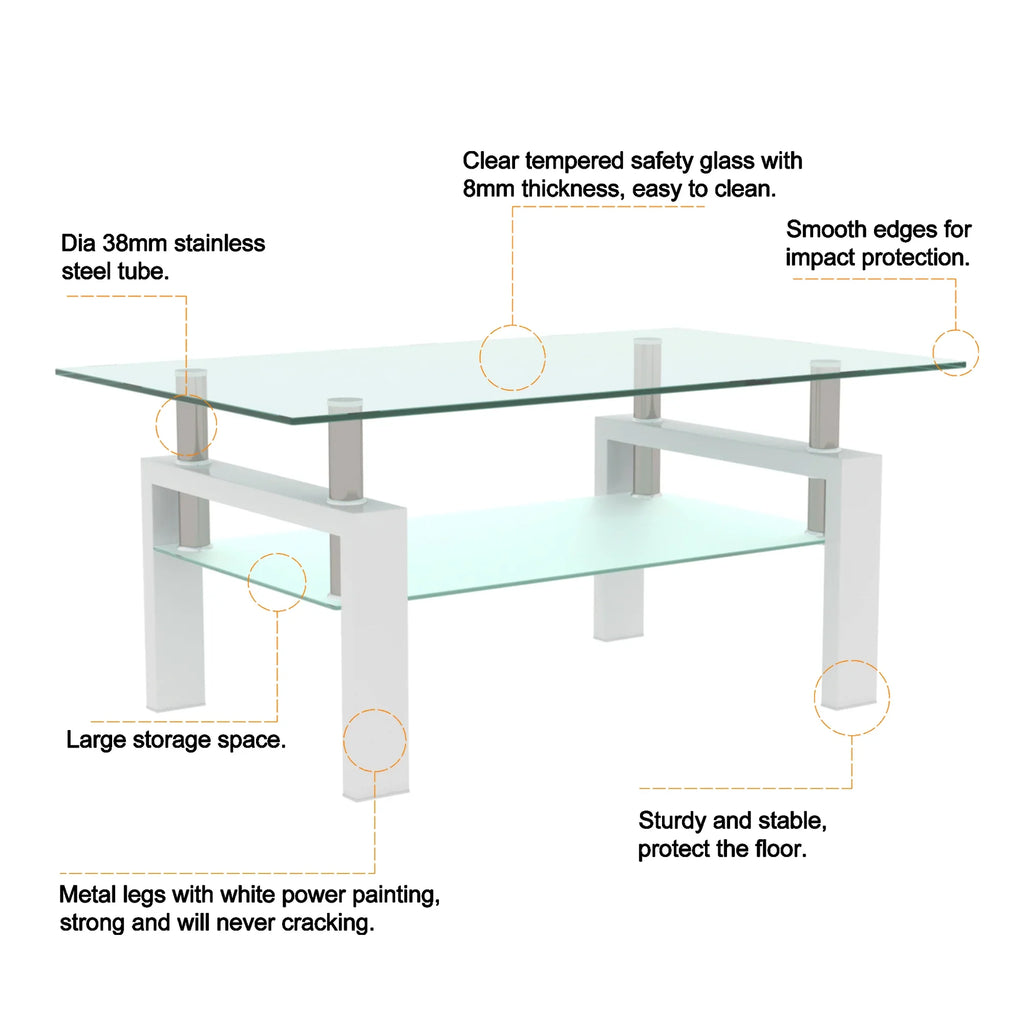 Modern eprolo white coffee table with two tiers of clear tempered safety glass.