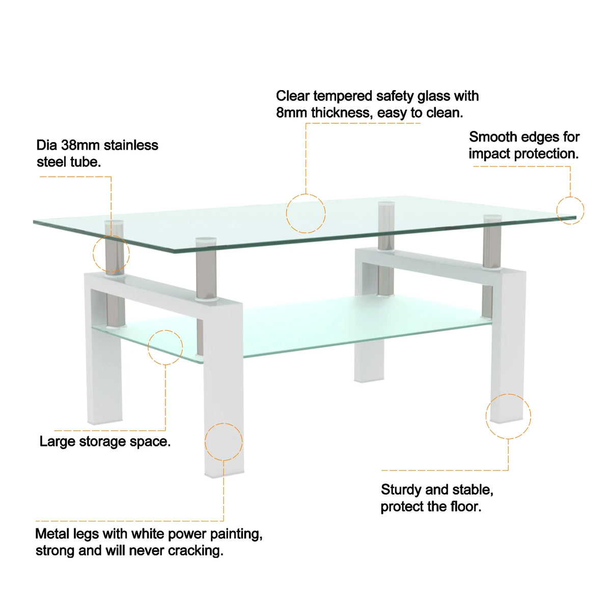 Modern eprolo white coffee table with two tiers of clear tempered safety glass.
