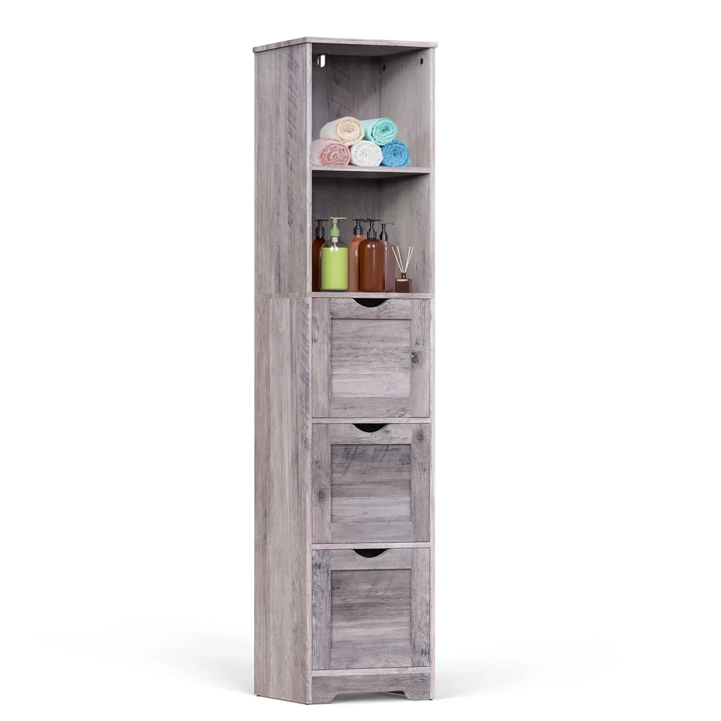 eprolo grey tall narrow bathroom storage cabinet with 3 drawers and 2 open shelves.