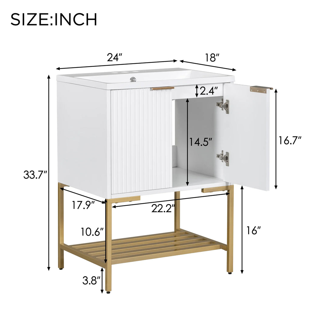 24 inch white eprolo bathroom vanity with gold metal frame and open storage shelf dimensions