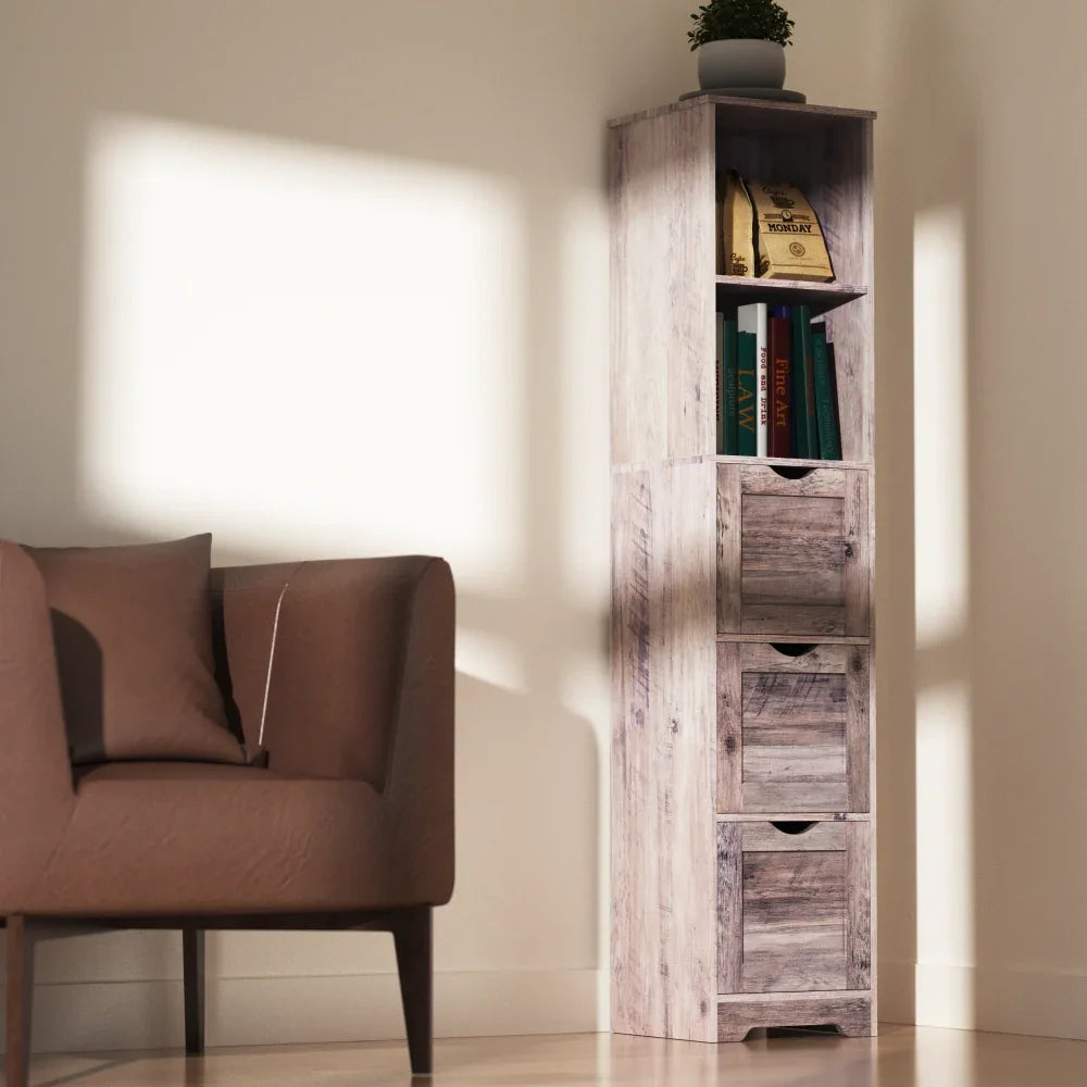 Tall narrow grey bathroom floor cabinet by eprolo with 3 drawers and open storage shelves.