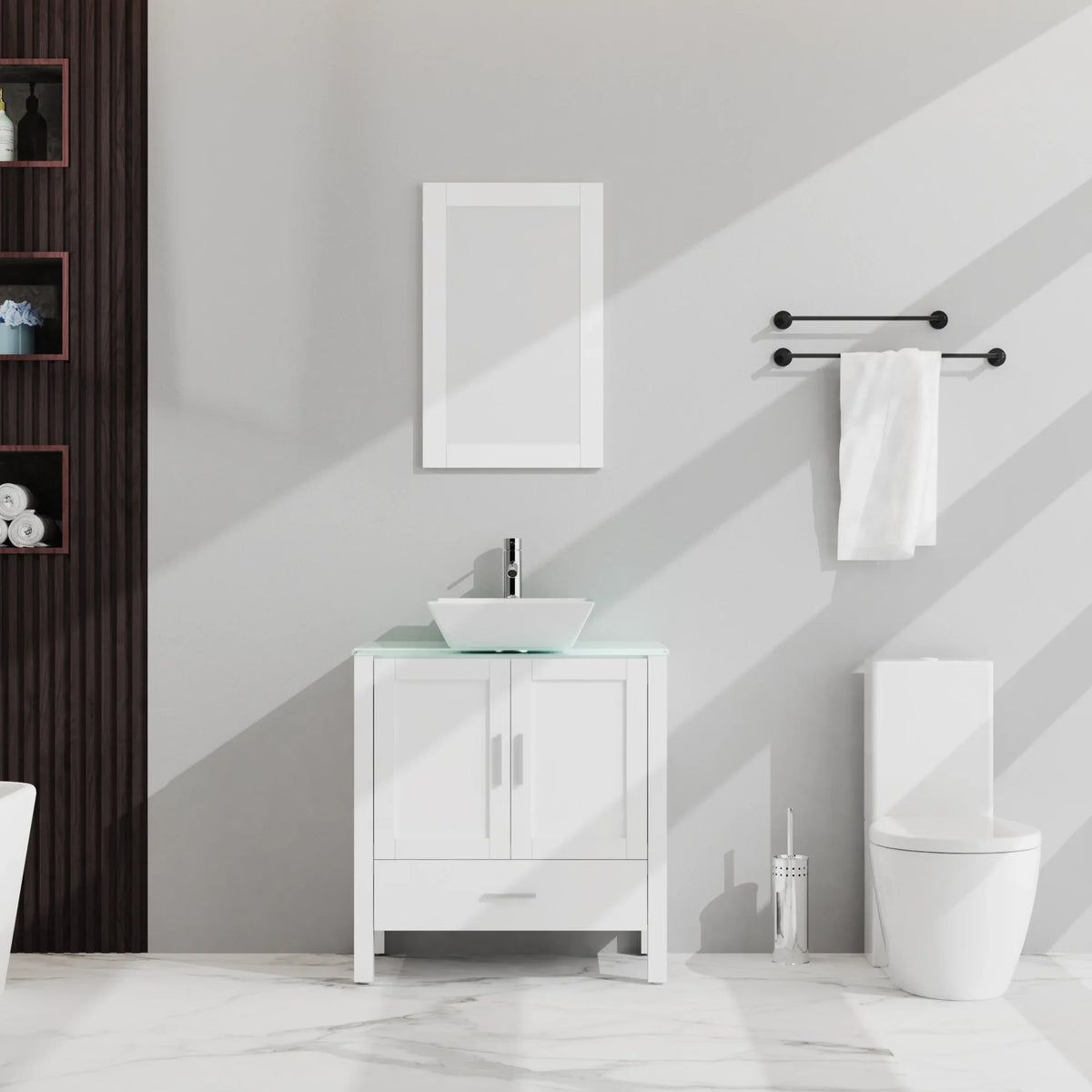 White eprolo 30 inch bathroom vanity with glass top, sink, mirror, and matching toilet.