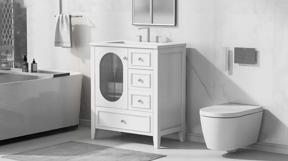 White eprolo 30 inch bathroom vanity with sink, three drawers, and glass door cabinet.