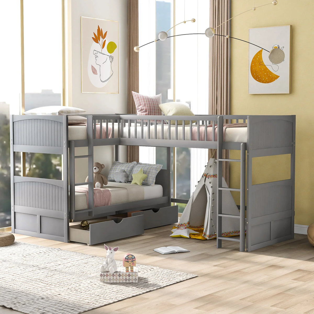 eprolo gray twin size bunk bed with loft bed, two storage drawers, and ladder in a kid's room