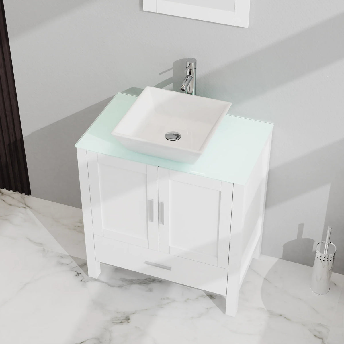 eprolo 30 inch white bathroom vanity with glass top, sink, and mirror in a modern bathroom.