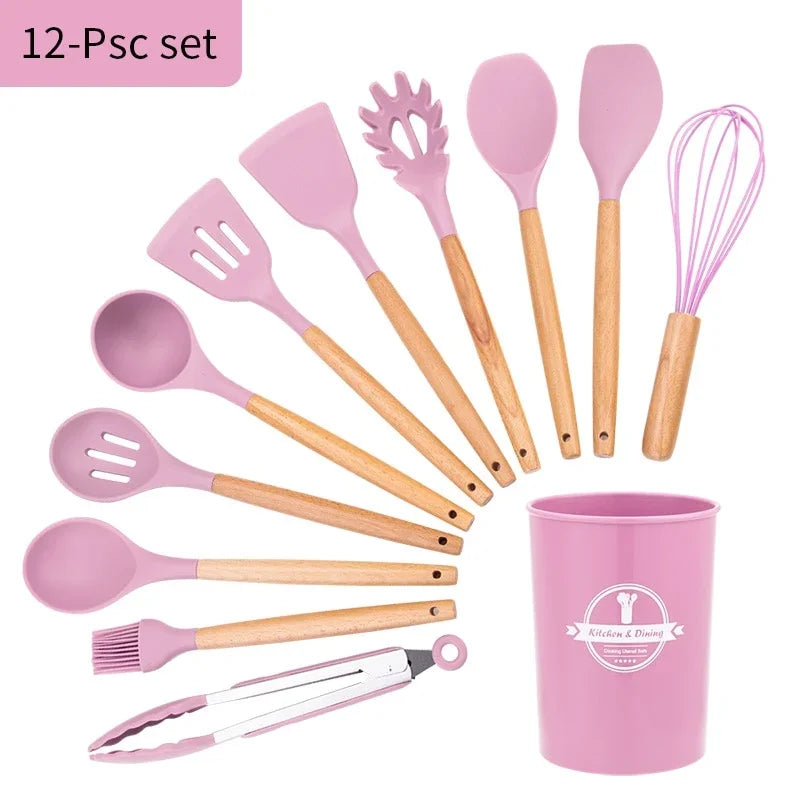 12-piece eprolo pink silicone kitchen utensil set with wooden handles and storage holder
