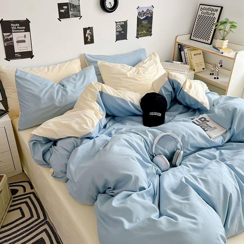 Washed Cotton Solid Color Double Spliced Four-Piece Bedding Set