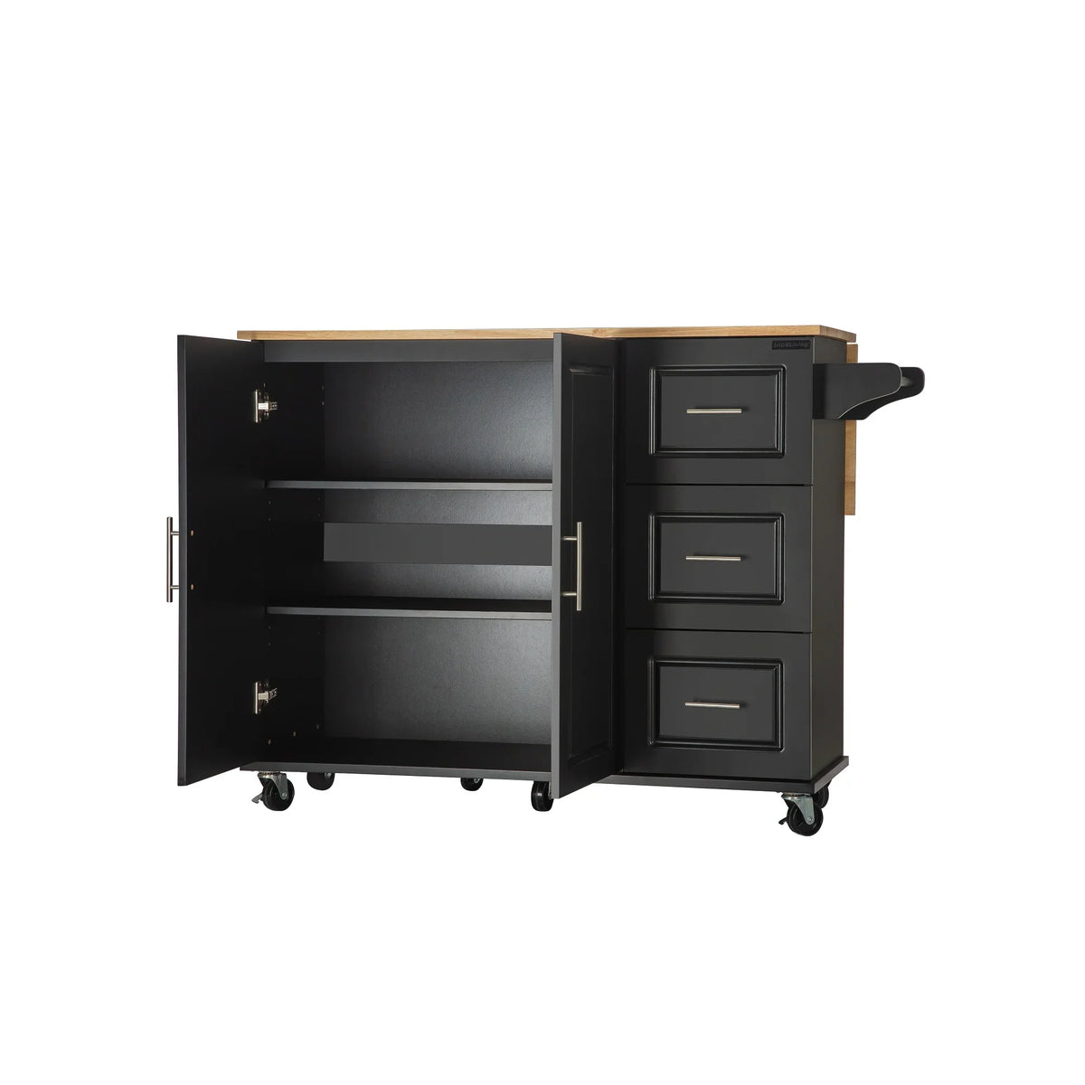 eprolo mobile kitchen island with extensible rubber wood countertop and black storage cabinets