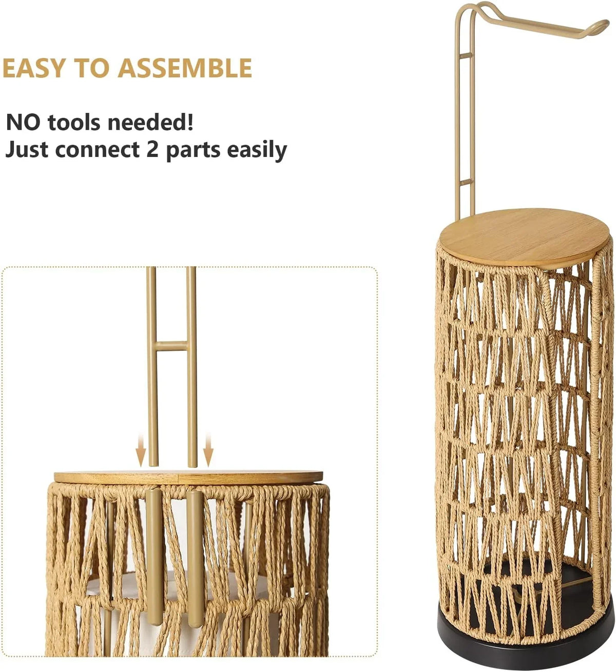 Easy assembly guide for eprolo freestanding woven toilet paper holder with storage.