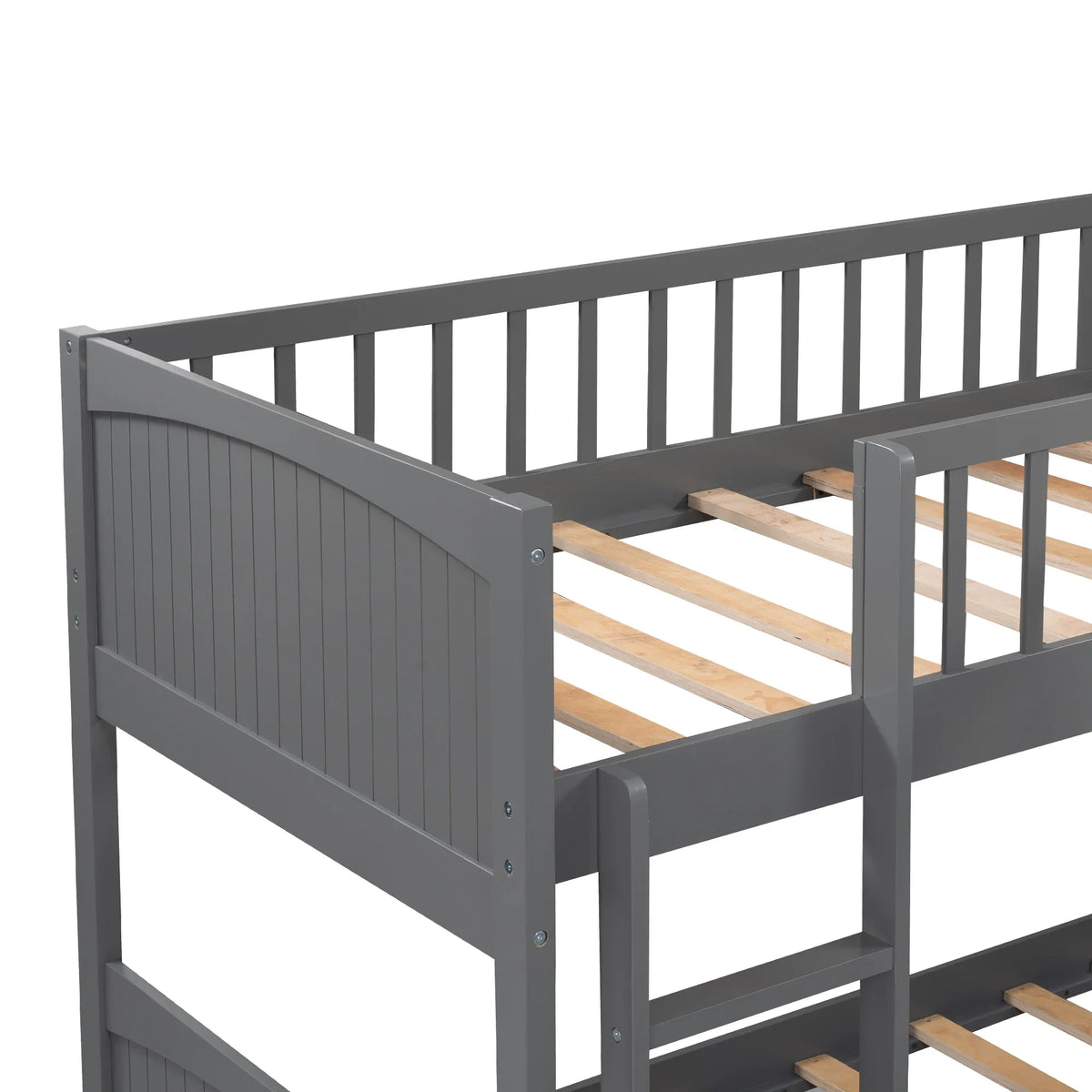 Close-up of a gray eprolo twin size bunk bed frame with wooden slats.