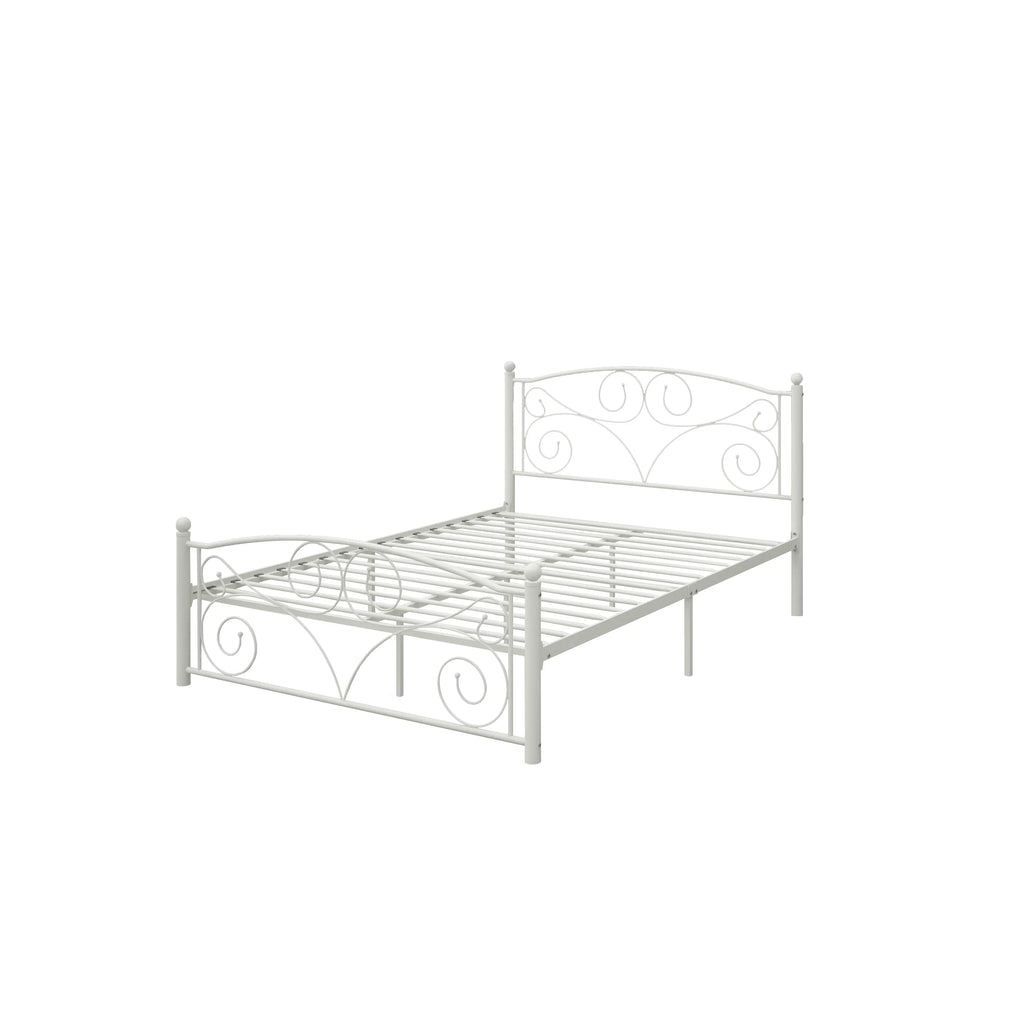 Modern white metal full bed frame with decorative scrollwork design by eprolo