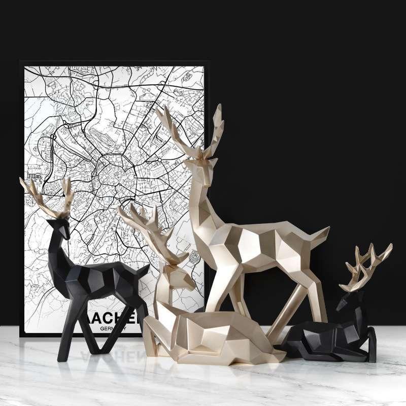 Geometric resin fortune deer decorations in black and cream for living room decor by eprolo
