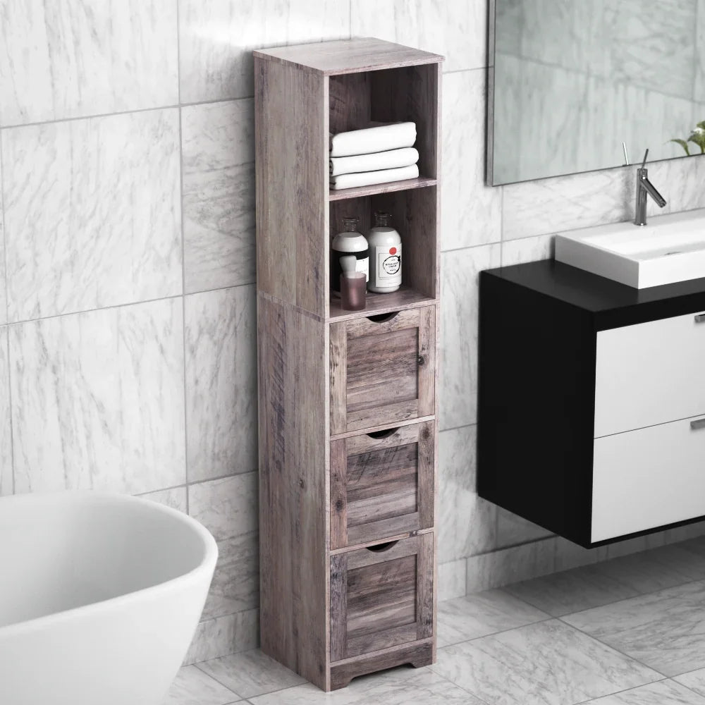 eprolo tall narrow grey bathroom floor cabinet with 3 drawers and 2 open shelves