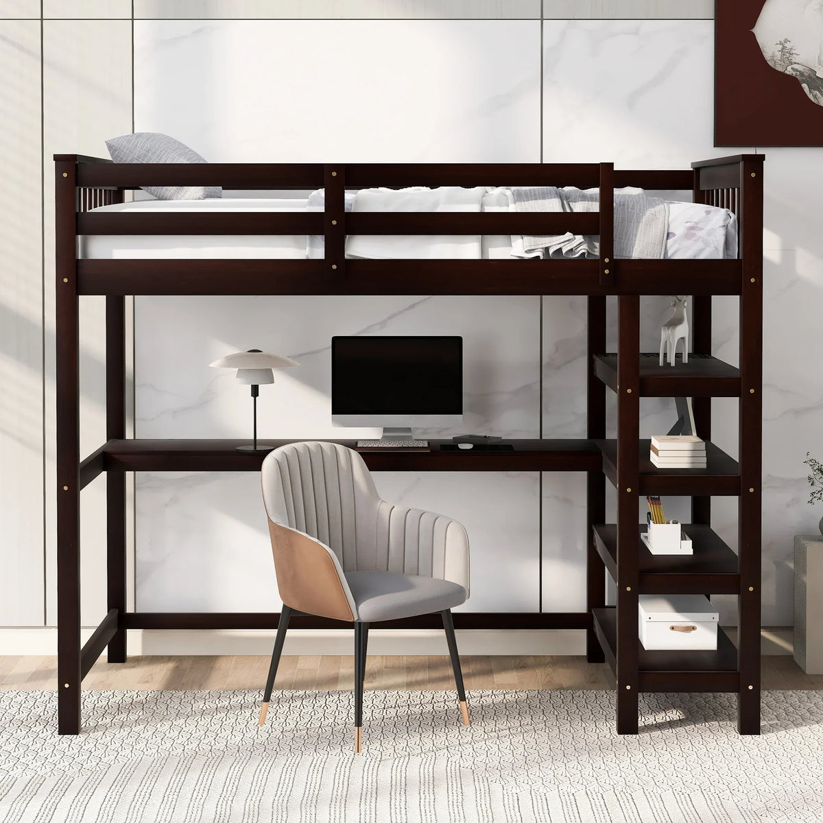 eprolo espresso twin size loft bed with built-in under-bed desk and storage shelves