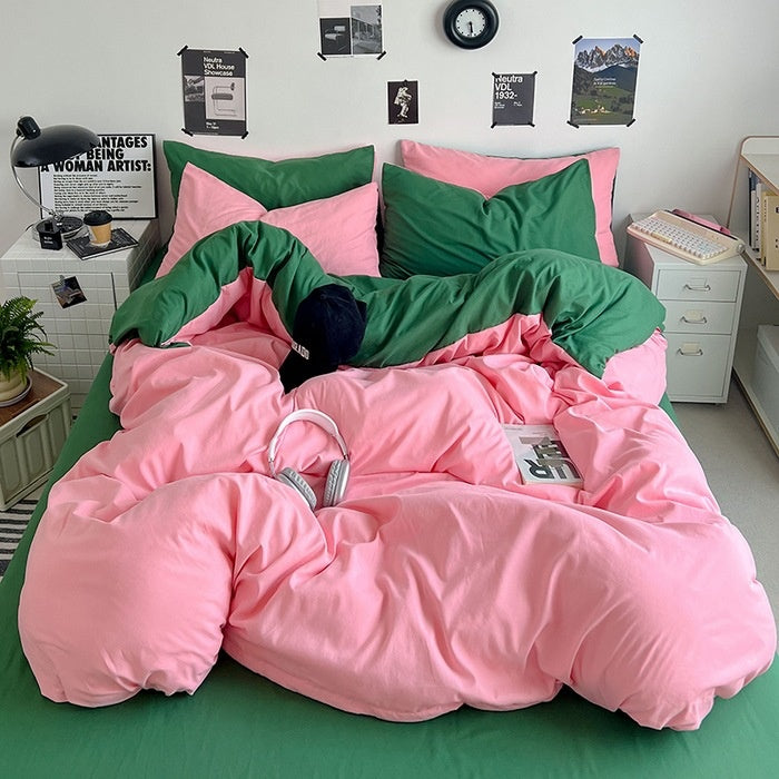 Washed Cotton Solid Color Double Spliced Four-Piece Bedding Set