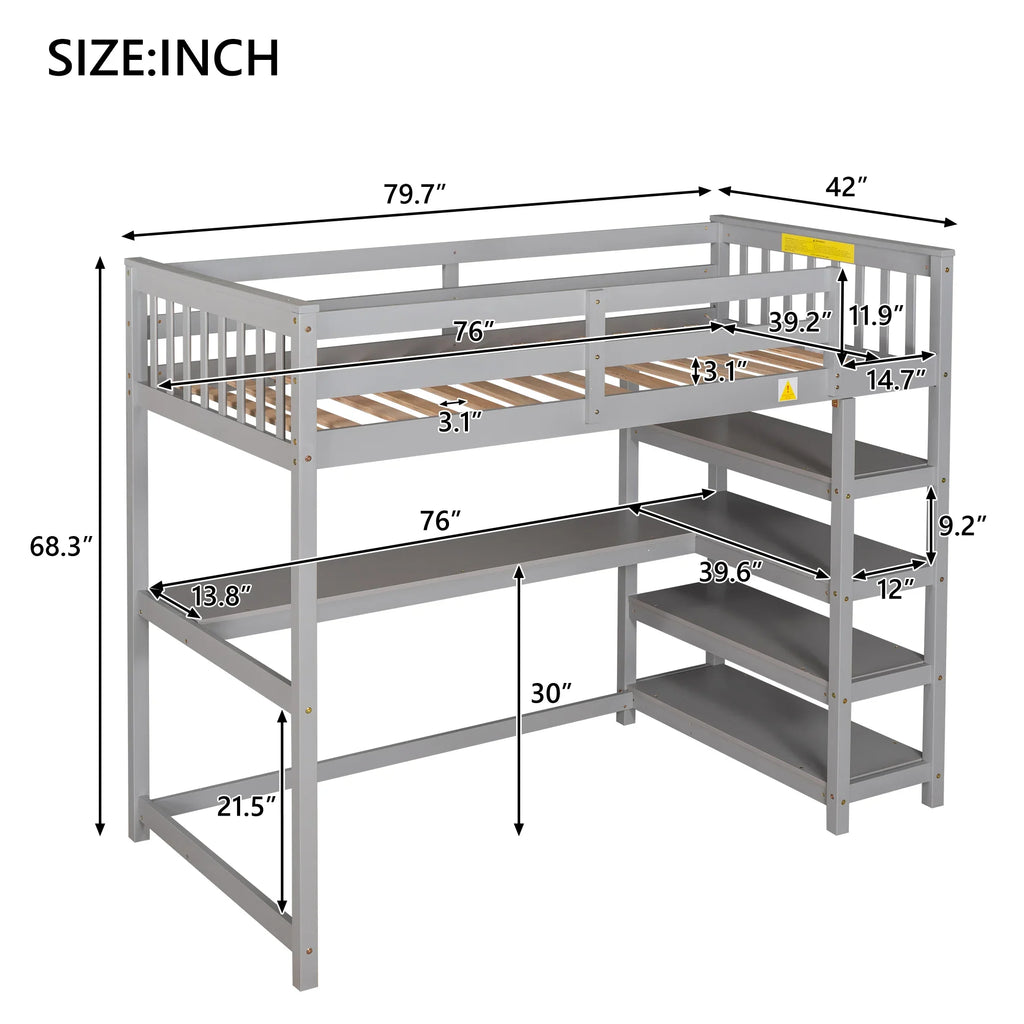 Gray twin size loft bed by eprolo featuring built-in storage shelves and an under-bed desk.
