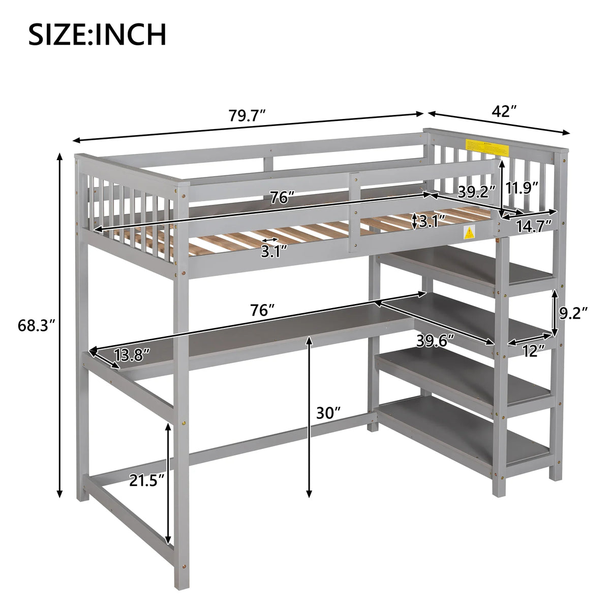 Gray twin size loft bed by eprolo featuring built-in storage shelves and an under-bed desk.